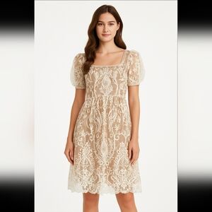 Romantic White Floral Lace Overlay Dress Puff Sleeve Midi babydoll Dress size M